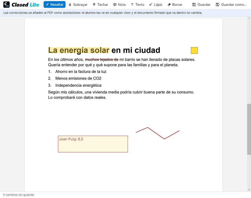 Corrección de un PDF de entrega en Closed Lite