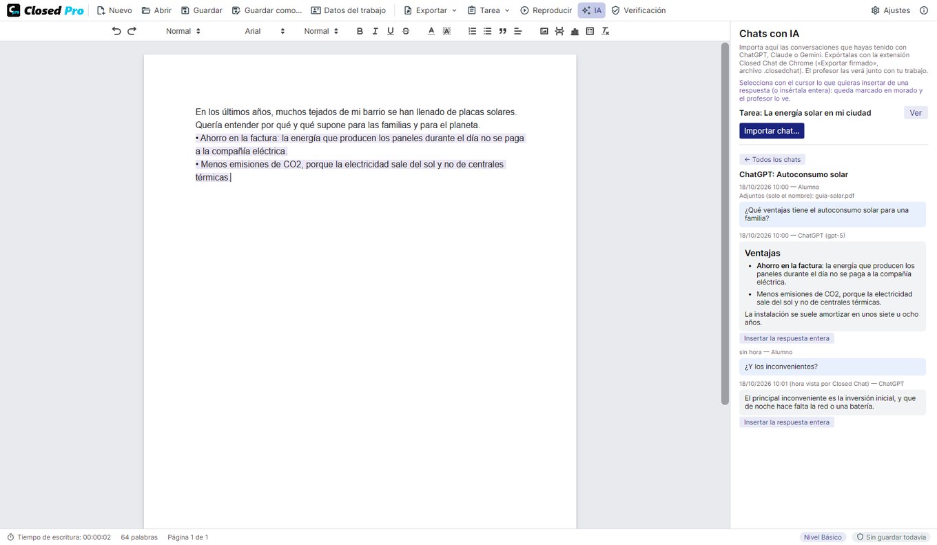 Closed Pro con un chat importado y texto insertado