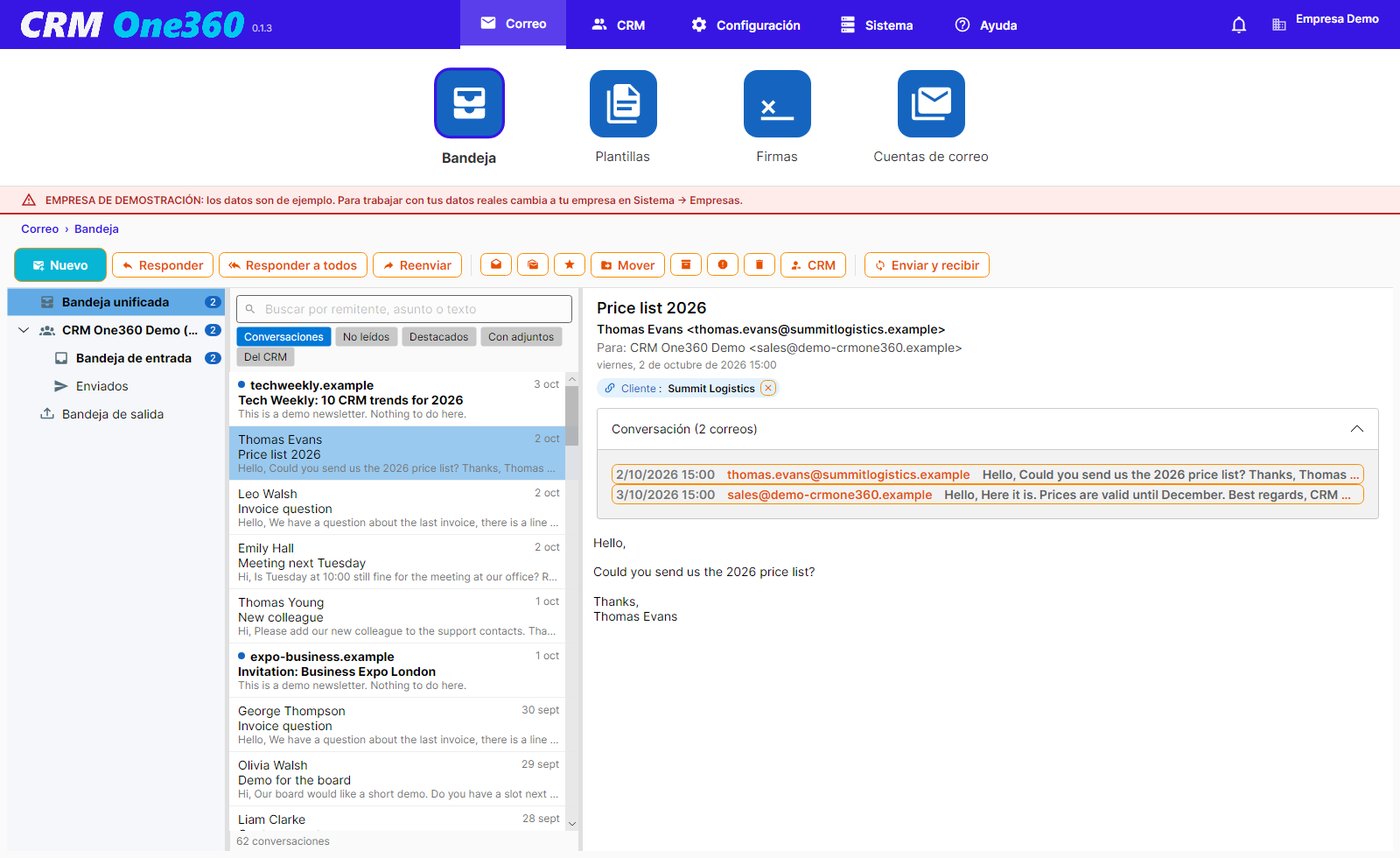 Bandeja de entrada de CRM One360 con la ficha del CRM unida a cada correo